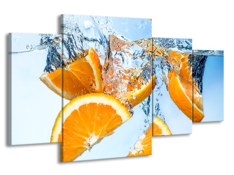 Canvas Schilderij Sinaasappel, Keuken | Geel, Blauw | 160x90cm 4Luik