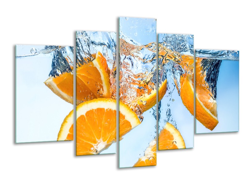 Canvas Schilderij Sinaasappel, Keuken | Geel, Blauw | 170x100cm 5Luik