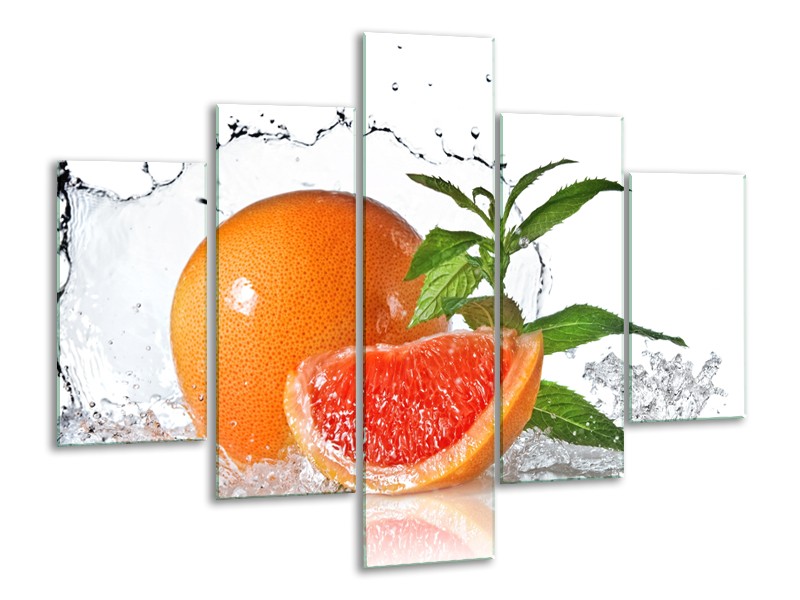 Canvas Schilderij Fruit, Keuken | Oranje, Wit, Groen | 100x70cm 5Luik