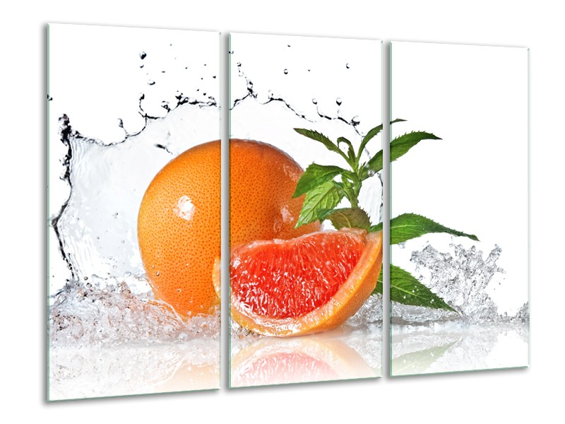 Canvas Schilderij Fruit, Keuken | Oranje, Wit, Groen | 120x80cm 3Luik