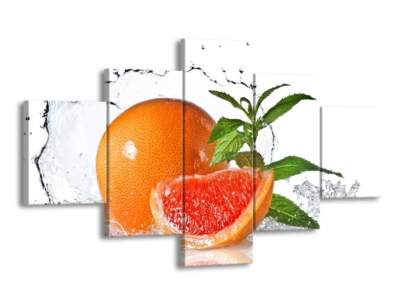 Canvas Schilderij Fruit, Keuken | Oranje, Wit, Groen | 125x70cm 5Luik