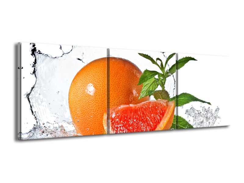 Canvas Schilderij Fruit, Keuken | Oranje, Wit, Groen | 150x50cm 3Luik