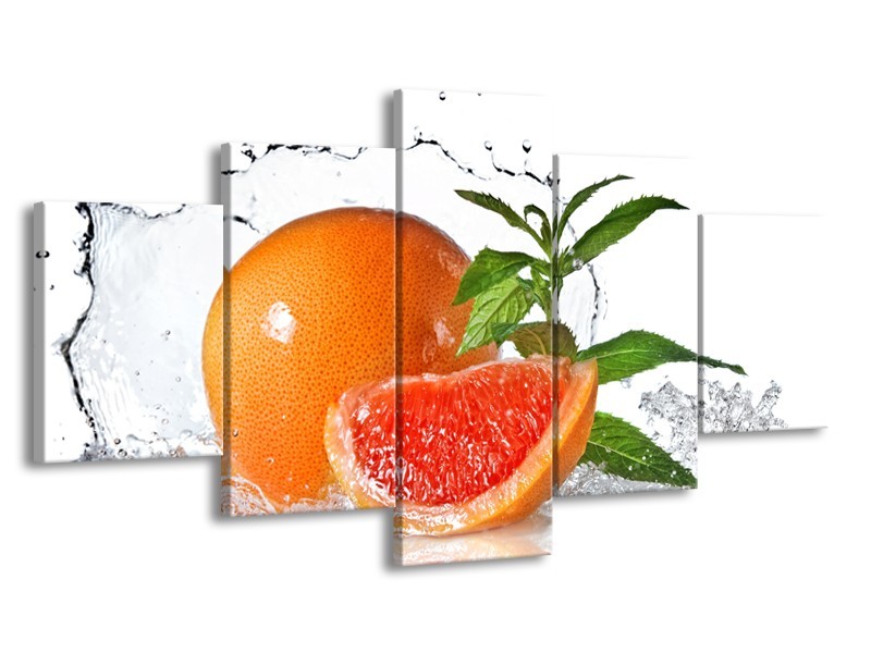 Canvas Schilderij Fruit, Keuken | Oranje, Wit, Groen | 150x80cm 5Luik