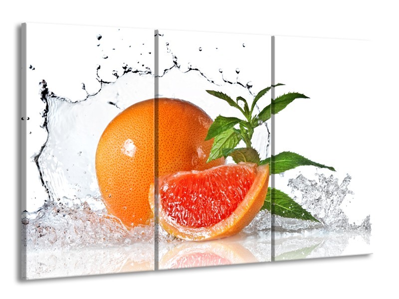 Canvas Schilderij Fruit, Keuken | Oranje, Wit, Groen | 165x100cm 3Luik