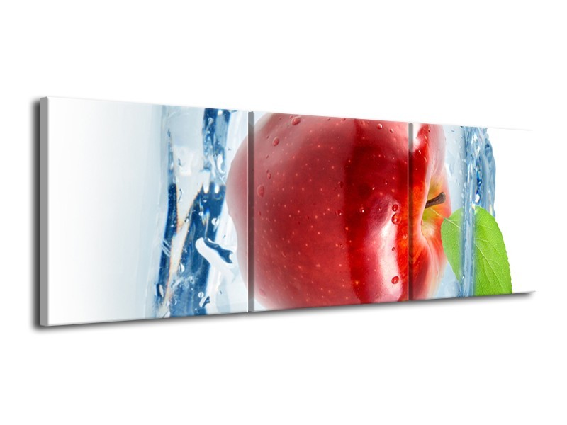 Glasschilderij Appel, Keuken | Rood, Blauw, Wit | 120x40cm 3Luik