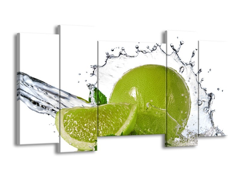 Canvas Schilderij Fruit, Keuken | Groen, Wit, Zilver | 120x65cm 5Luik