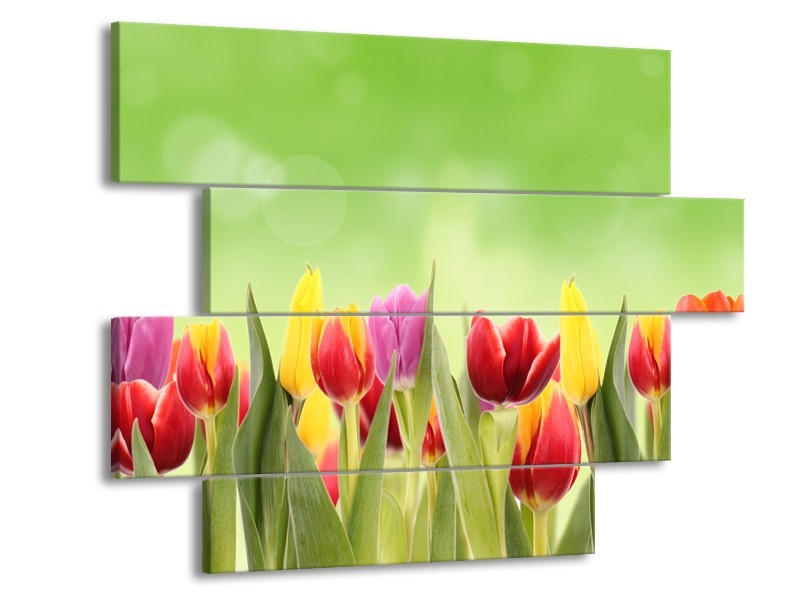 Canvas Schilderij Tulpen, Bloemen | Groen, Rood, Geel | 115x85cm 4Luik
