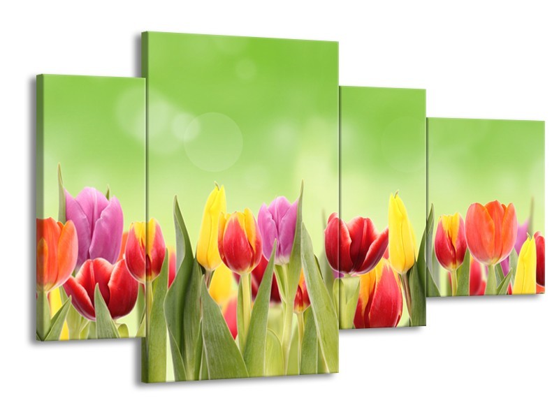 Canvas Schilderij Tulpen, Bloemen | Groen, Rood, Geel | 120x75cm 4Luik