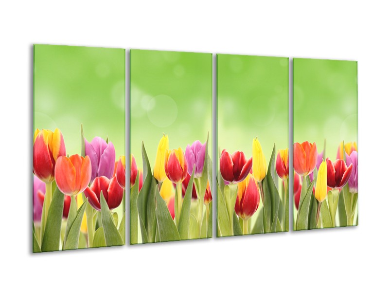 Canvas Schilderij Tulpen, Bloemen | Groen, Rood, Geel | 160x80cm 4Luik