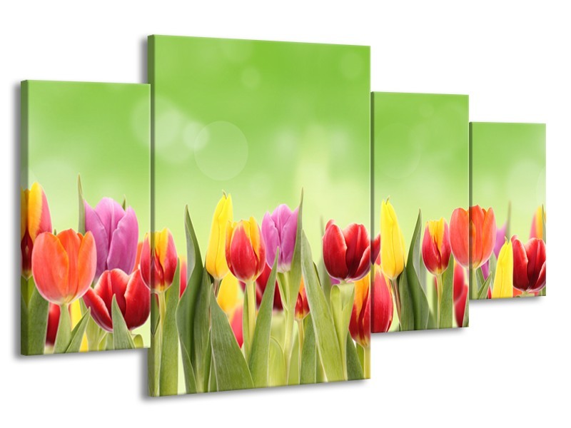 Canvas Schilderij Tulpen, Bloemen | Groen, Rood, Geel | 160x90cm 4Luik