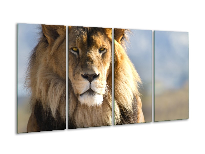 Canvas Schilderij Leeuw, Dieren | Bruin, Blauw, Grijs | 160x80cm 4Luik