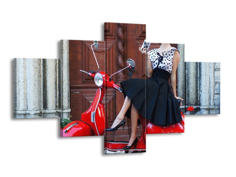 Glasschilderij Scooter, Motor | Rood, Zwart, Bruin | 125x70cm 5Luik