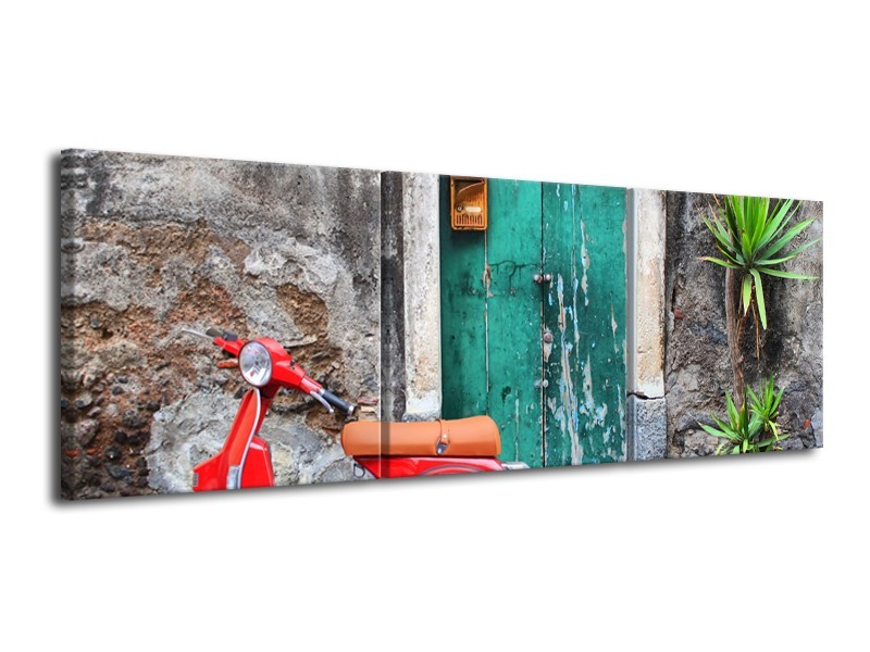 Canvas Schilderij Scooter, Motor | Groen, Rood, Grijs | 120x40cm 3Luik