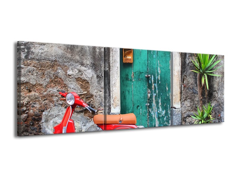 Canvas Schilderij Scooter, Motor | Groen, Rood, Grijs | 150x50cm 3Luik