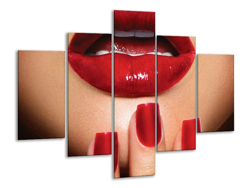 Glasschilderij Vrouw, Lippen | Rood, Bruin | 100x70cm 5Luik