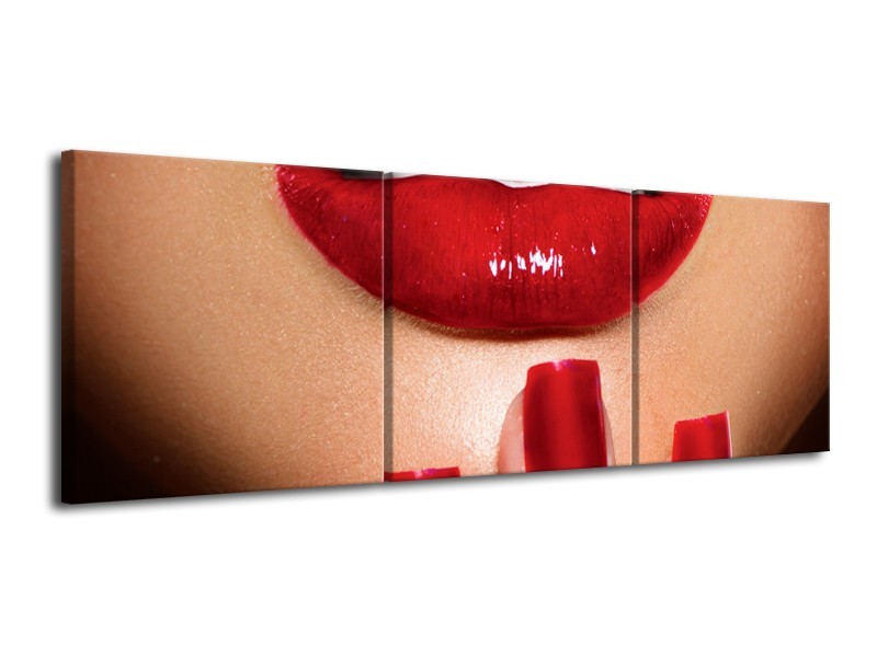 Glasschilderij Vrouw, Lippen | Rood, Bruin | 120x40cm 3Luik