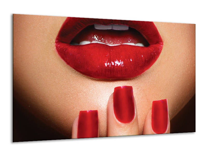 Glasschilderij Vrouw, Lippen | Rood, Bruin | 120x70cm 1Luik