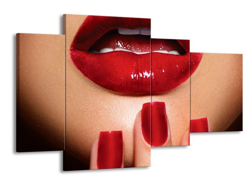 Glasschilderij Vrouw, Lippen | Rood, Bruin | 120x75cm 4Luik