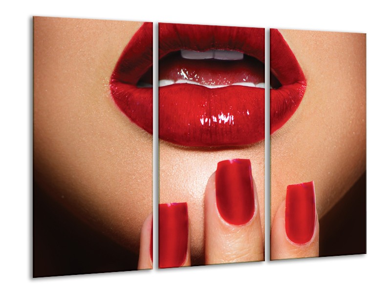 Glasschilderij Vrouw, Lippen | Rood, Bruin | 120x80cm 3Luik