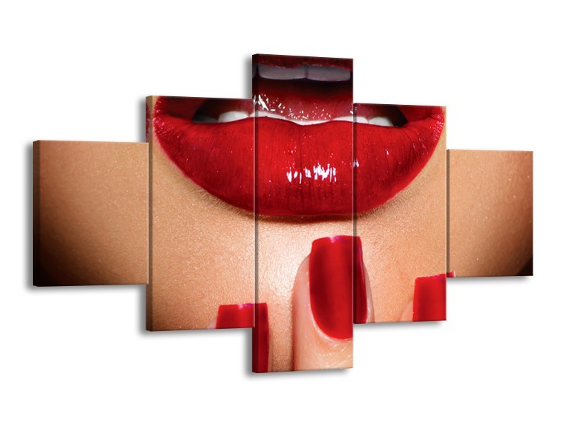 Glasschilderij Vrouw, Lippen | Rood, Bruin | 125x70cm 5Luik