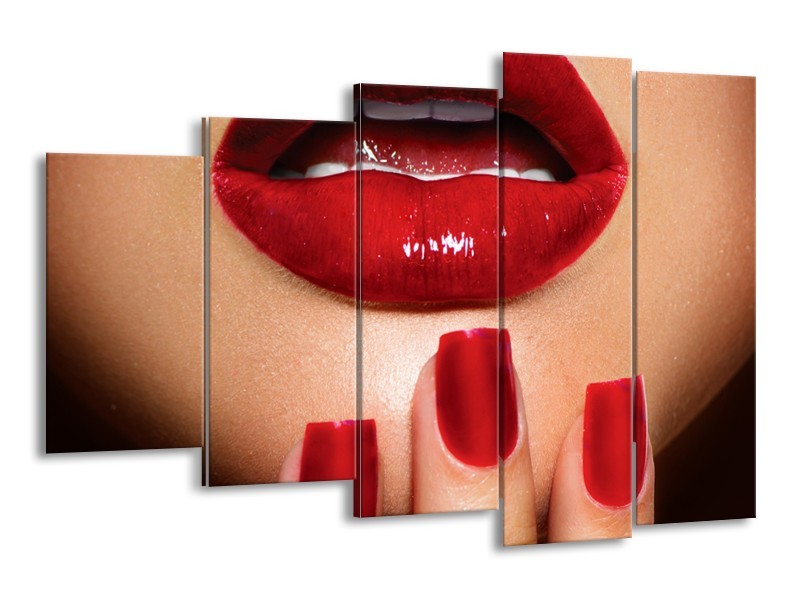 Canvas Schilderij Vrouw, Lippen | Rood, Bruin | 150x100cm 5Luik