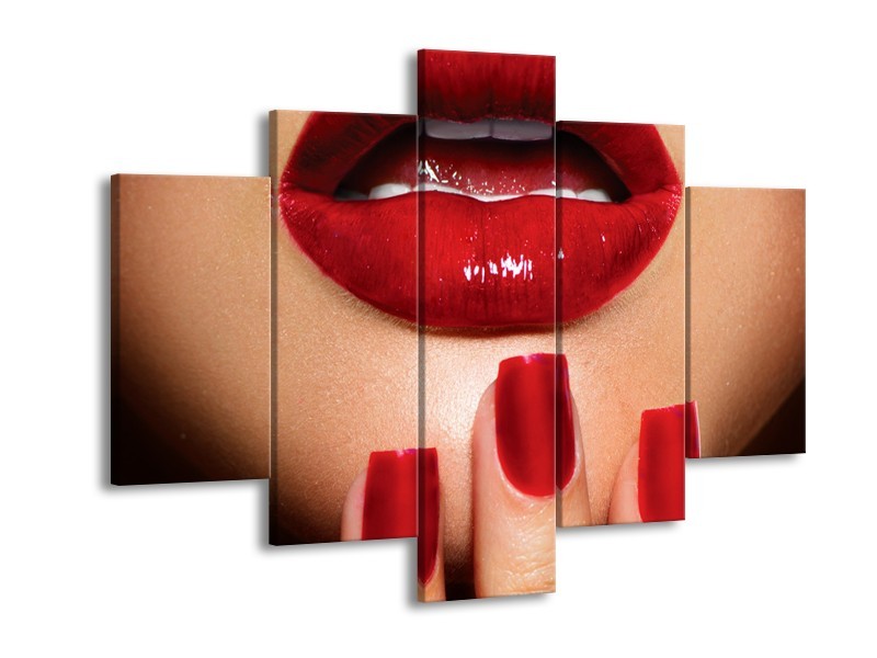 Canvas Schilderij Vrouw, Lippen | Rood, Bruin | 150x105cm 5Luik