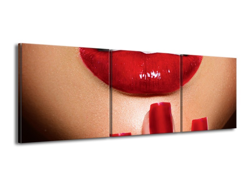 Canvas Schilderij Vrouw, Lippen | Rood, Bruin | 150x50cm 3Luik