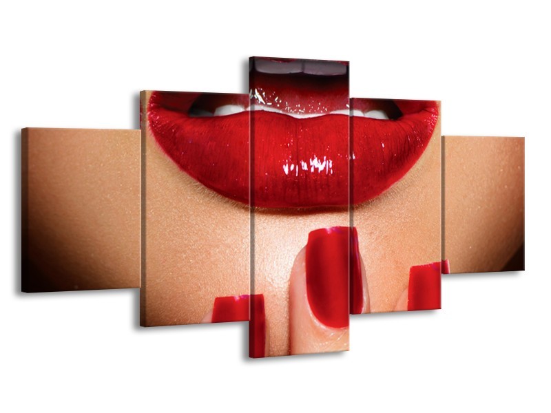 Canvas Schilderij Vrouw, Lippen | Rood, Bruin | 150x80cm 5Luik