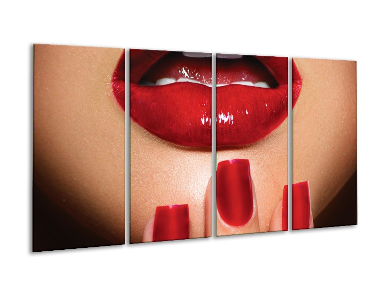 Canvas Schilderij Vrouw, Lippen | Rood, Bruin | 160x80cm 4Luik