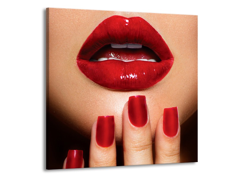 Glasschilderij Vrouw, Lippen | Rood, Bruin | 50x50cm 1Luik