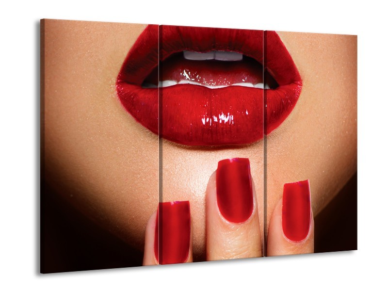 Glasschilderij Vrouw, Lippen | Rood, Bruin | 60x90cm 3Luik
