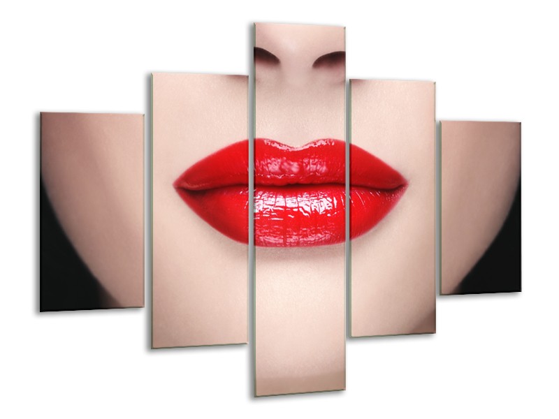 Canvas Schilderij Vrouw, Lippen | Rood, Crème | 100x70cm 5Luik