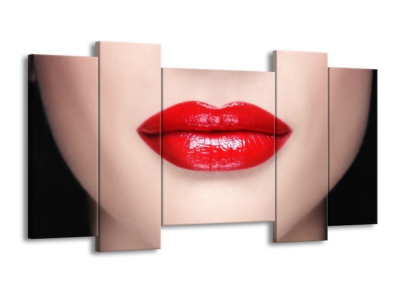 Canvas Schilderij Vrouw, Lippen | Rood, Crème | 120x65cm 5Luik