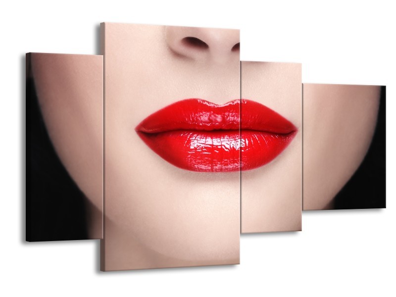 Glasschilderij Vrouw, Lippen | Rood, Crème | 120x75cm 4Luik