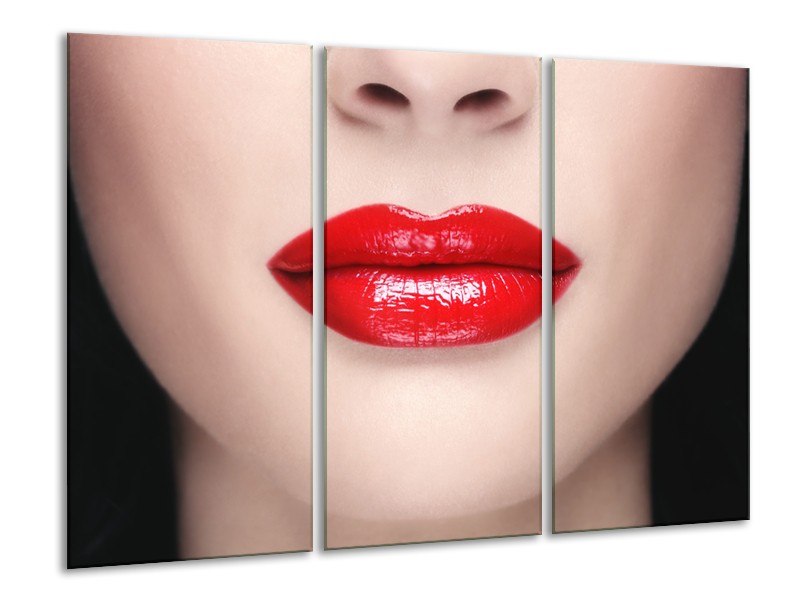Canvas Schilderij Vrouw, Lippen | Rood, Crème | 120x80cm 3Luik