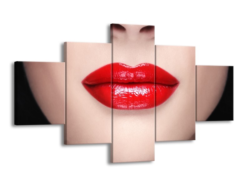 Canvas Schilderij Vrouw, Lippen | Rood, Crème | 125x70cm 5Luik