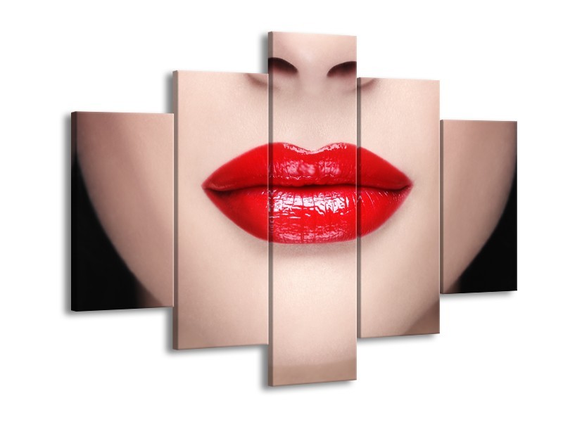 Canvas Schilderij Vrouw, Lippen | Rood, Crème | 150x105cm 5Luik