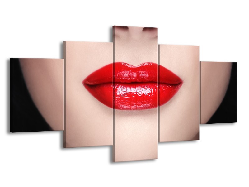 Canvas Schilderij Vrouw, Lippen | Rood, Crème | 150x80cm 5Luik