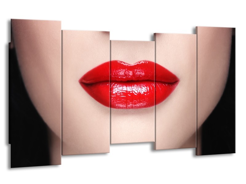 Glasschilderij Vrouw, Lippen | Rood, Crème | 150x80cm 5Luik