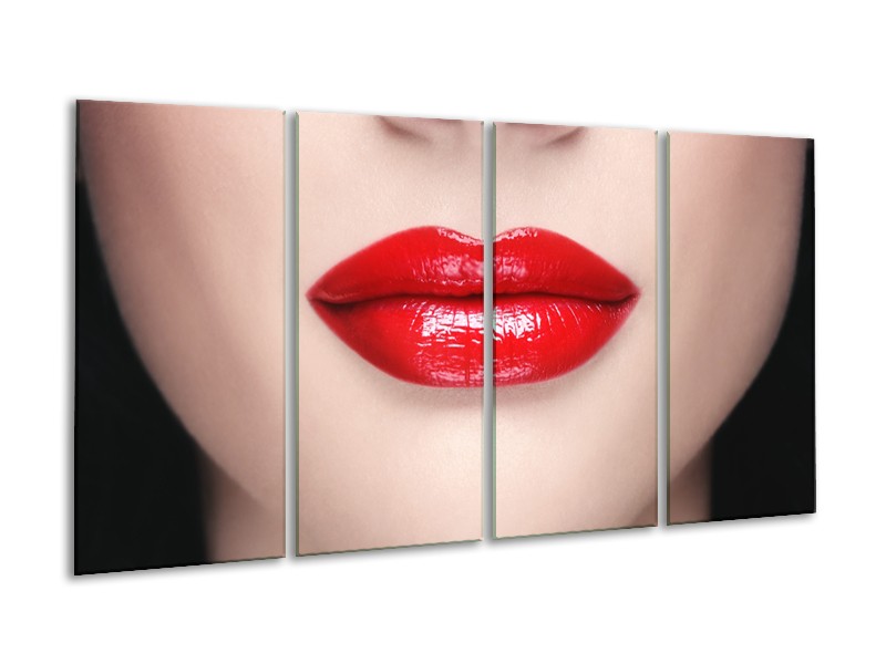 Canvas Schilderij Vrouw, Lippen | Rood, Crème | 160x80cm 4Luik
