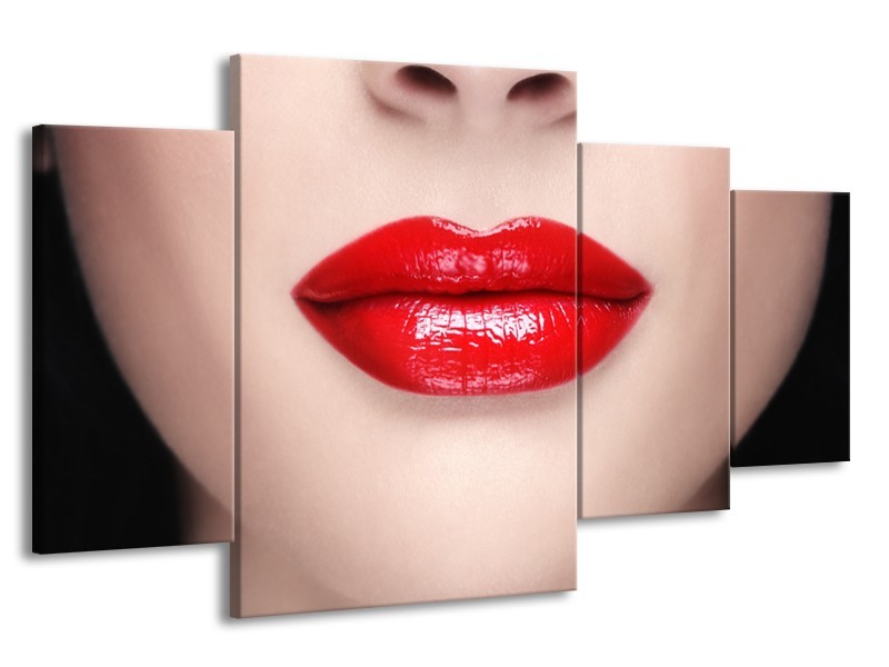 Canvas Schilderij Vrouw, Lippen | Rood, Crème | 160x90cm 4Luik