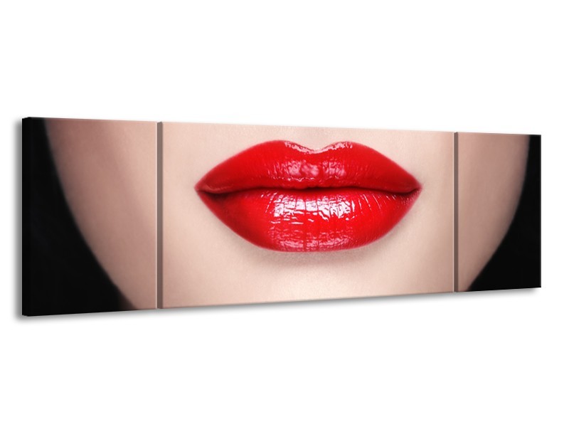 Canvas Schilderij Vrouw, Lippen | Rood, Crème | 170x50cm 3Luik