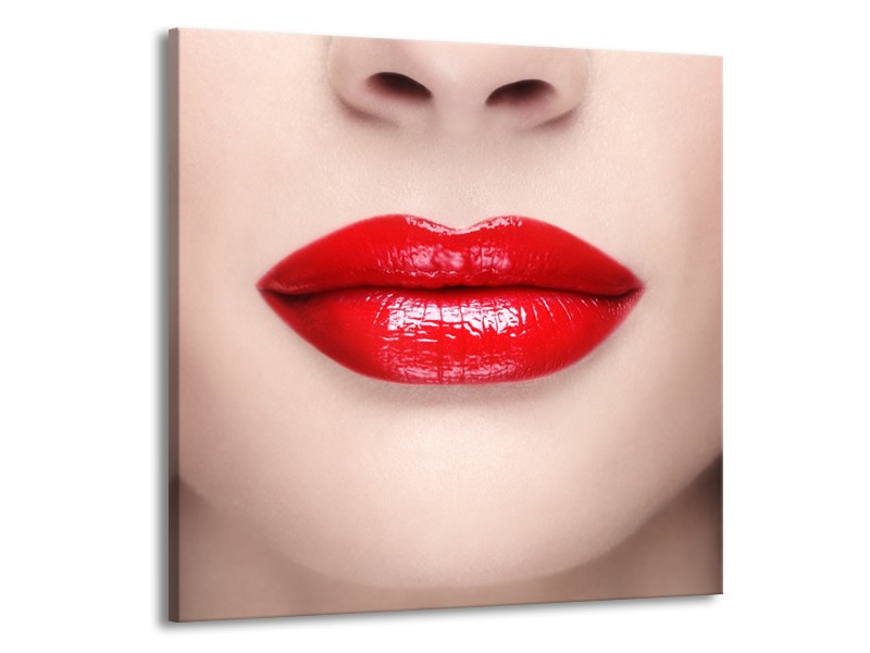 Canvas Schilderij Vrouw, Lippen | Rood, Crème | 50x50cm 1Luik
