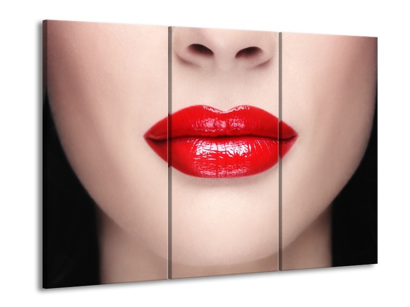Canvas Schilderij Vrouw, Lippen | Rood, Crème | 60x90cm 3Luik