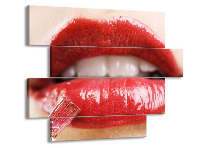 Canvas Schilderij Vrouw, Lippen | Rood, Crème | 115x85cm 4Luik