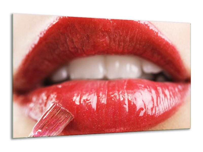 Glasschilderij Vrouw, Lippen | Rood, Crème | 120x70cm 1Luik
