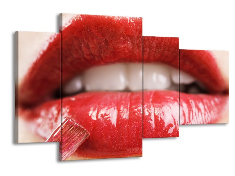 Canvas Schilderij Vrouw, Lippen | Rood, Crème | 120x75cm 4Luik