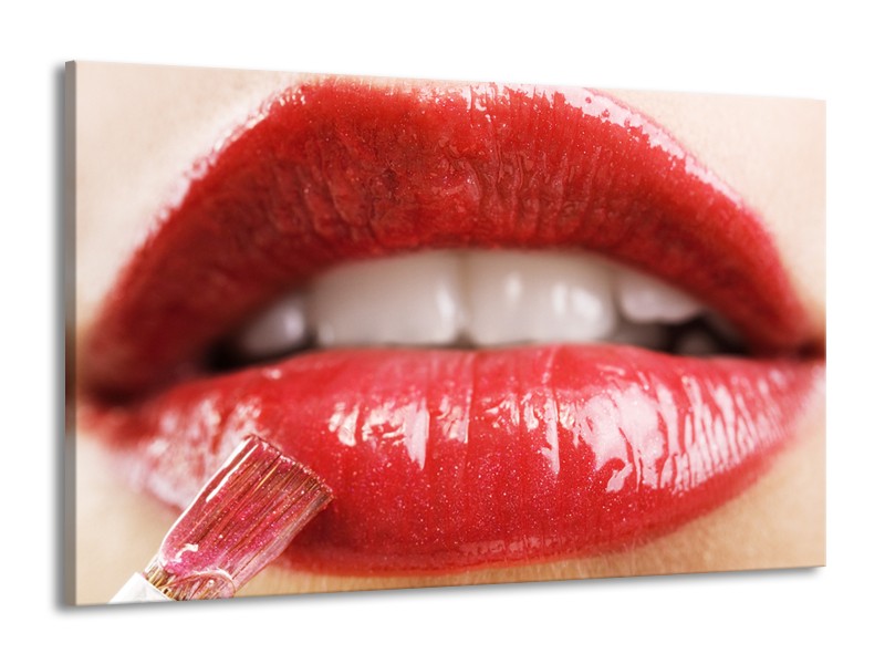 Canvas Schilderij Vrouw, Lippen | Rood, Crème | 140x90cm 1Luik