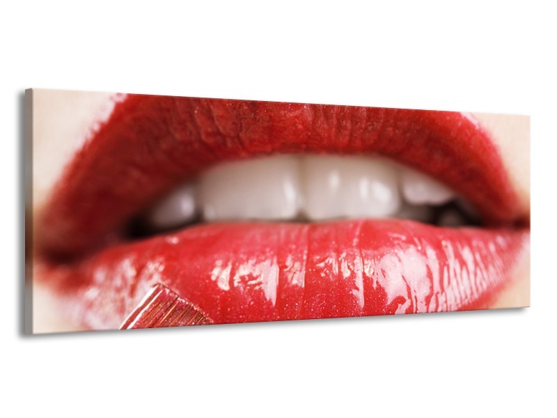 Canvas Schilderij Vrouw, Lippen | Rood, Crème | 145x58cm 1Luik
