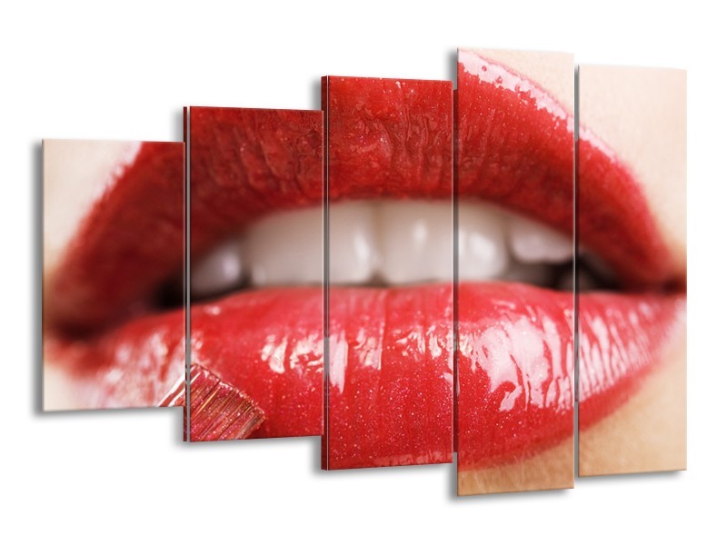 Canvas Schilderij Vrouw, Lippen | Rood, Crème | 150x100cm 5Luik
